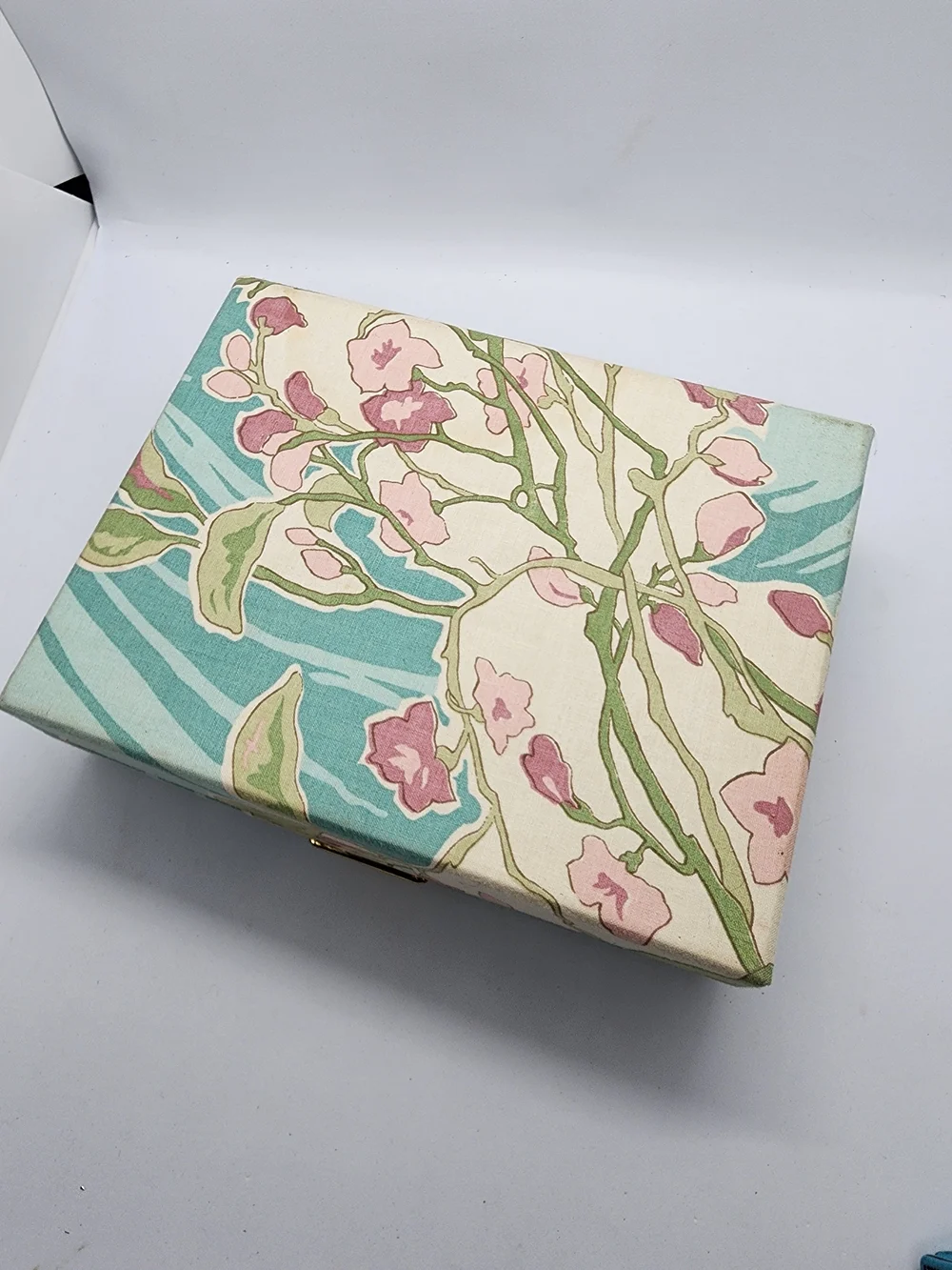 VTG 1986 Avon Floral Garden Earring Jewelry Box Teal Pink Fabric Cottagecore